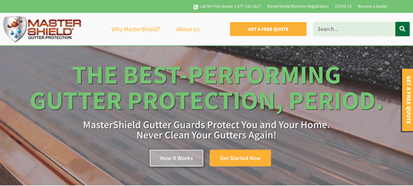 MasterShield Gutter Protection website homepage highlighting their slogan "The Best-Performing Gutter Protection, Period." Includes a navigation bar, a call-to-action to get a free quote, and contact information.