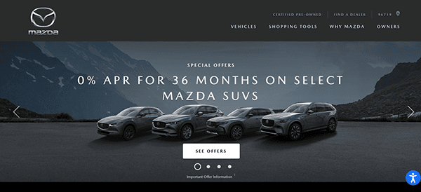 Homepage of mazda website showing an ad for 0% apr for 36 months on select mazda suvs, with four different models displayed in front of a mountainous backdrop.