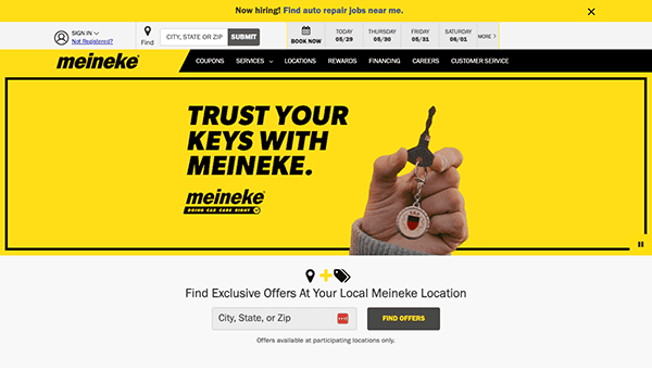 Screenshot of the Meineke website showing a hand holding a car key with the text "Trust Your Keys With Meineke." Below is a search bar for finding local Meineke locations by entering a city, state, or zip code.