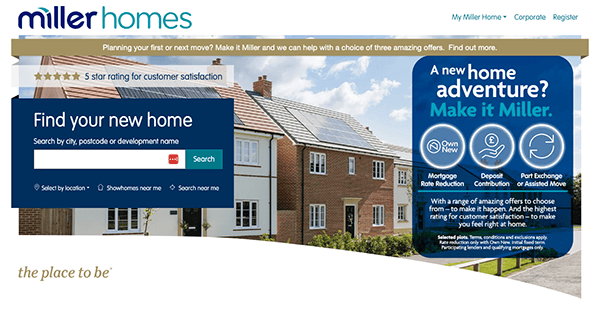 Website homepage for Miller Homes, promoting new home searches with a rating for customer satisfaction, search options, and various offers including mortgage rate reduction and deposit matcher.
