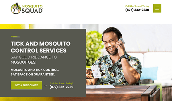 A smiling man in a floral shirt talks on the phone while holding paperwork. Text on the image advertises mosquito and tick control services with satisfaction guaranteed. Contact information is provided.