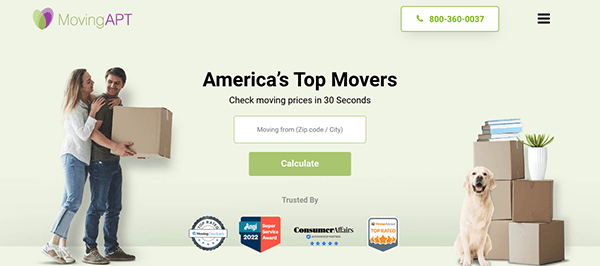 A man and a woman holding moving boxes stand next to a houseplant and more boxes. Text reads "America's Top Movers" with a call to action to check moving prices. A dog sits in front of the boxes.
