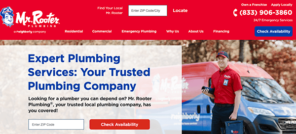 Mr. Rooter Plumbing website homepage featuring a plumber in uniform standing next to a branded van. The page offers plumbing services and a ZIP code search for local plumbers, with contact information provided.