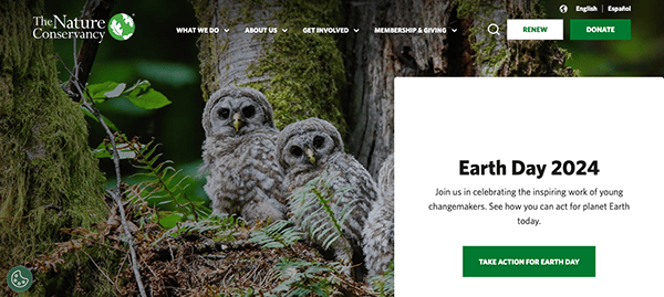 Website banner for the nature conservancy featuring two owls in a forest with an invitation to celebrate earth day 2024.
