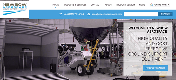 A website homepage for newbow aerospace showcasing an aircraft in a hangar with ground support equipment.