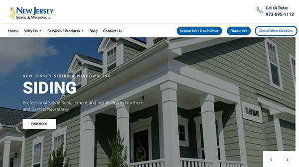 Screenshot of "New Jersey Siding & Windows, Inc." website homepage featuring siding installation services, contact info, and navigation menu options.