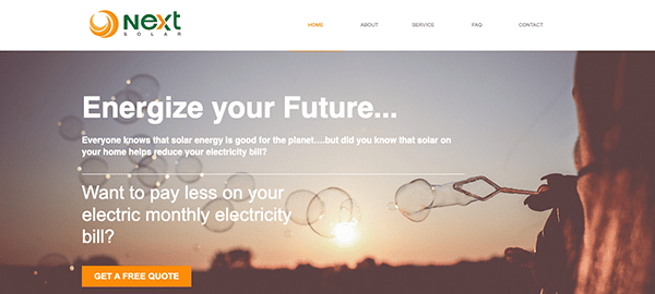 Website banner for Next Solar promoting solar energy with bubbles in the background at sunset. Text reads, "Energize your Future... Want to pay less on your electric monthly electricity bill?.