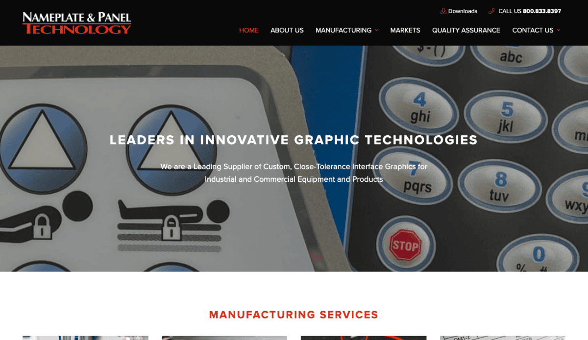 Website screenshot of "nameplate & panel technology", displaying sections for various manufacturing services such as screen printing, digital printing, and post-printing fabrication.