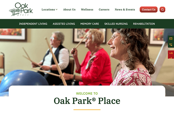 Three elderly women engage in a seated exercise class using drumsticks at Oak Park® Place, a senior living facility.