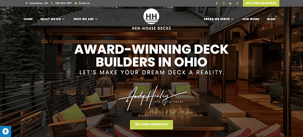 Website homepage for Hen-House Decks, promoting award-winning deck building services in Ohio with the slogan "Let's make your dream deck a reality." Contact info and menu options are visible.