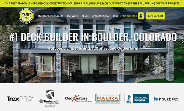 Exterior view of a large house with an expansive deck. Text reads, "#1 Deck Builder in Boulder, Colorado" along with various contractor certifications and contact information.