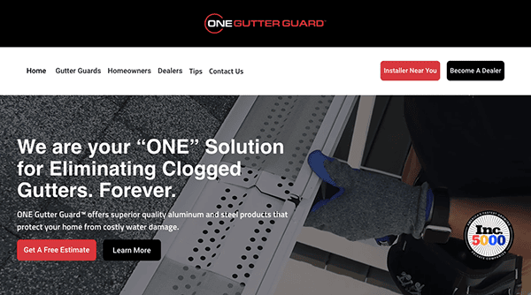 The image shows a website homepage for ONE Gutter Guard, featuring a person installing a gutter guard. Text offers a free estimate and highlights the product's durability and protection against water damage.