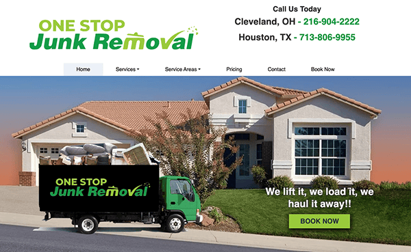 Image of a junk removal company's website homepage featuring a green truck loaded with furniture and household items in front of a suburban house. The site includes contact numbers and a booking prompt.