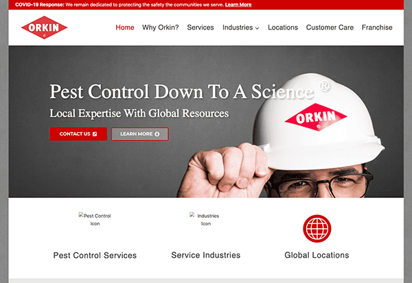 Website homepage for Orkin, a pest control service, featuring a person in a hard hat, navigation menu options, and a COVID-19 response message.
