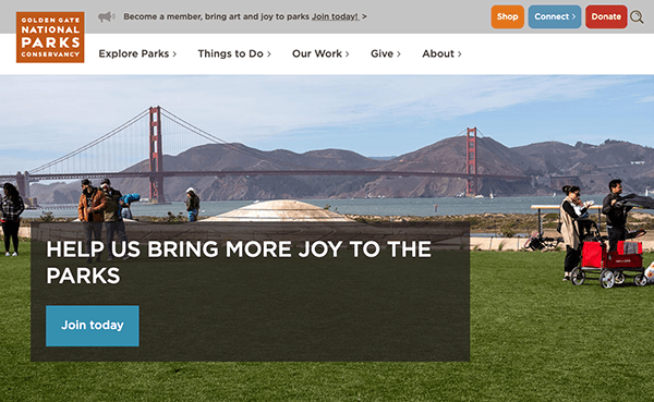 Website banner image featuring people in a park with the golden gate bridge in the background. text overlay reads "help us bring more joy to the parks. join today.