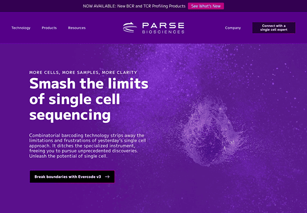 Website homepage for parse biosciences, featuring a purple background and an abstract white splash graphic, with text promoting their single cell sequencing technology.