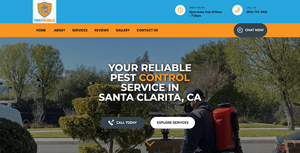 Homepage of Pest Shield, a pest control service in Santa Clarita, CA. Shows a person spraying outside, company details, operating hours, and contact numbers with a "Call Today" and "Explore Services" button.