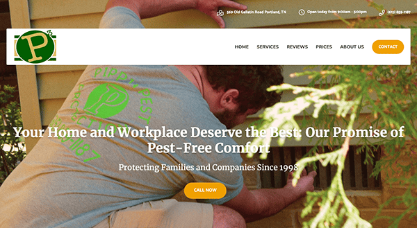 A pest control technician wearing a grey shirt with a green logo is working on an outdoor area. The website banner promotes pest-free comfort services for homes and workplaces, established in 1998.