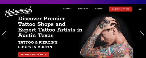 Website banner for platinum ink tattoo and piercing shop featuring a man with elaborate tattoos on his arms and head, looking down contemplatively.