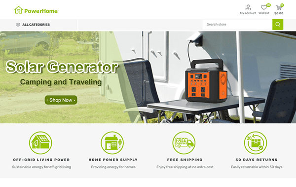 Homepage of PowerHome displaying a solar generator for camping and traveling, with sections on off-grid living, home power supply, free shipping, and 30-day returns.