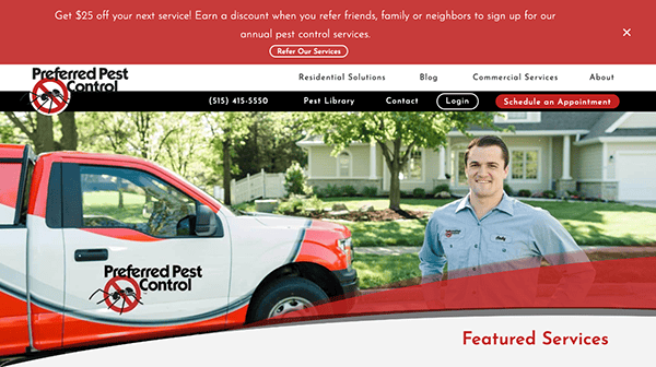 Image showing a pest control company’s webpage. A man in a company uniform stands near a red and white company truck with the company's logo. The website offers services, a blog, and a contact option.