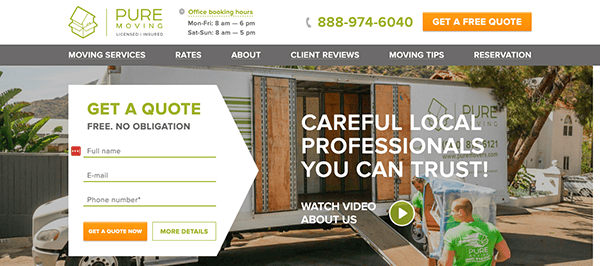 A moving company's website featuring a contact form for getting a free quote and a video thumbnail. The company offers moving services with the tagline "Careful Local Professionals You Can Trust!.