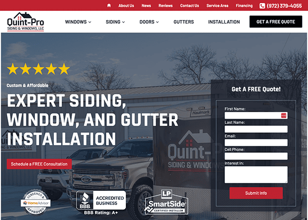 Quint-Pro Siding & Windows LLC website's homepage showcasing services like siding, window, and gutter installation. Features a form for a free quote and customer rating of 4.5 stars.