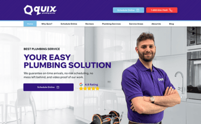 Screenshot of a plumbing service website featuring a man in a purple uniform with arms crossed, standing in a modern kitchen. Text states "Your Easy Plumbing Solution" and includes scheduling options and a 4.9 Google rating.