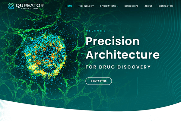 Webpage header for qureator featuring an abstract blue and green design with text "precision architecture for drug discovery" and a "contact us" button.