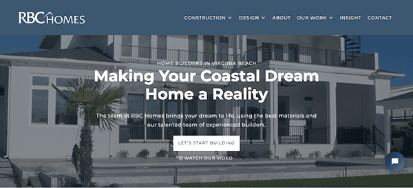 Screenshot of the RBC Homes website's homepage showing a modern coastal home with a banner that reads "Making Your Coastal Dream Home a Reality." There are navigation links and a "Let's Start Building" button.