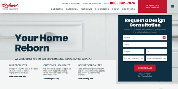 Screenshot of the Reborn Home Solutions website featuring a menu, a design consultation request form, and sections for products, customer highlights, and an inspiration gallery. The tagline reads, "Your Home Reborn.