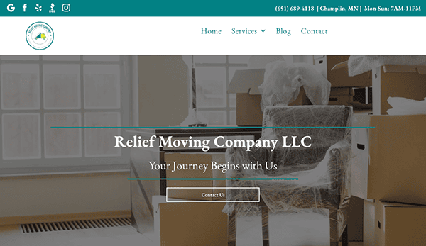 Website homepage of Relief Moving Company LLC featuring packed boxes and wrapped furniture. The header displays the phone number, location (Champlin, MN), and operating hours (Mon-Sun: 7AM-11PM).