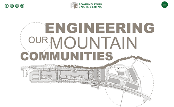 Website banner of roaring fork engineering with text "engineering our mountain communities" overlaid on a faded technical drawing of a landscape.