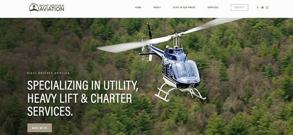 A helicopter flying over a forested area, shown on a website banner promoting specialized aviation services.