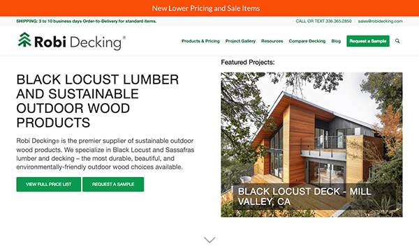 Robi Decking website homepage featuring black locust and sustainable outdoor wood products, project image of a modern home deck, and navigation options like "View Full Price List" and "Request a Sample.