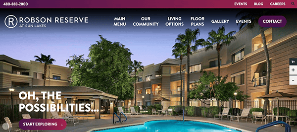 A luxurious apartment complex with a pool and palm trees. The text reads "Robson Reserve at Sun Lakes" and "Oh, the possibilities... Start Exploring." Navigation menu options are displayed above.