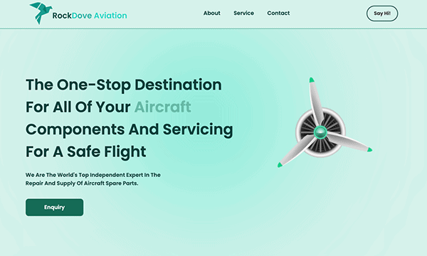 Screenshot of rockdove aviation website homepage featuring a centered aircraft engine graphic, with tabs for about, service, contact and a 'say hi!' button.