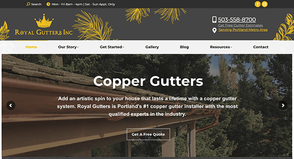 Website homepage for Royal Gutters Inc. offering copper gutter services with a header image of copper gutters on a house. Top menu includes options like Home, Our Story, and Gallery, with contact details above.