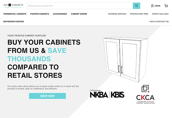 Website homepage offering cabinets with a sales pitch highlighting savings compared to retail stores. Features a simple cabinet illustration and logos from KBIS, NKBA, and CKCA. "Shop Now" button present.