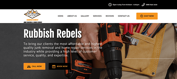 Website homepage of "Rubbish Rebels" featuring junk removal and home repair services. Contains navigation links, a contact number, operating hours, and options to call or book now. Image of a person with tools.