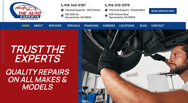 A mechanic works under a lifted car at The Auto Experts repair shop with contact information and services listed. Text reads, "Trust the experts. Quality repairs on all makes & models.