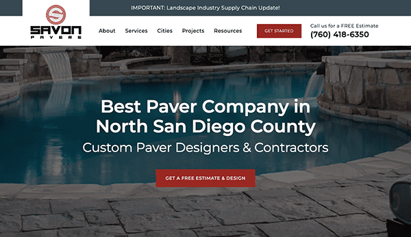 Website homepage of Savon Pavers showing a background image of a swimming pool and patio with text promoting their paver design and contractor services in North San Diego County.