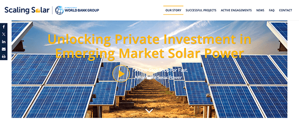 Website header for World Bank Group's 'Scaling Solar' initiative, showing rows of solar panels under a blue sky with the text 'Unlocking Private Investment in Emerging Market Solar Power.'.