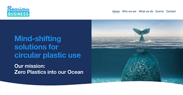 Website banner featuring a whale tail sculpture made of plastic emerging from the ocean with the text "mind-shifting solutions for circular plastic use. zero plastics into our ocean.