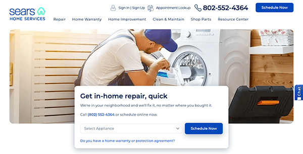 A technician in uniform repairs a washing machine next to a toolbox. The webpage shows Sears Home Services heading, contact details, and options to schedule repair or select an appliance.