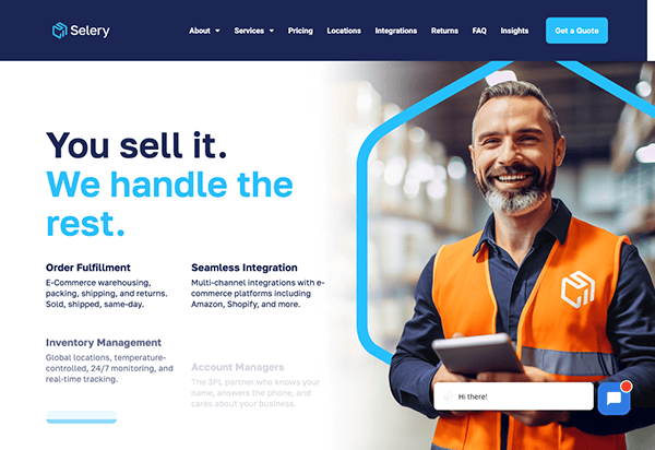 A website homepage for "Selery" features a smiling man in an orange vest holding a tablet, with text about ecommerce services and a chat popup.