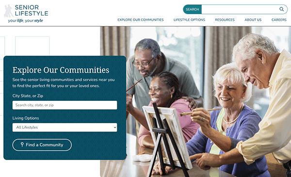 Seniors enjoying a group painting activity at a community center. A website interface is displayed over the image, focused on exploring senior living communities and lifestyle options.