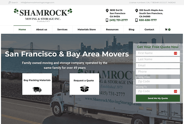 Screenshot of Shamrock Moving & Storage Inc.’s website. The page highlights services such as buying packing materials and requesting a quote. Contact information and business addresses are displayed at the top.