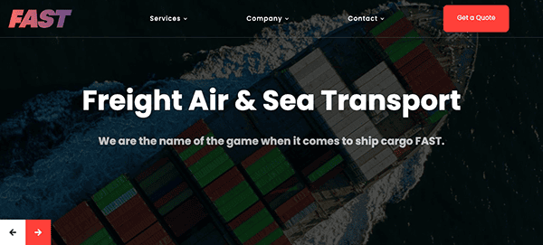 Aerial view of a cargo ship filled with colorful containers at sea, with overlaid text reading "Freight Air & Sea Transport" on a website header.