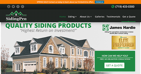 Screenshot of SidingPro's homepage advertising quality siding products and services with a focus on James Hardie fiber cement siding. Features contact information, navigation menu, and promotional banners.